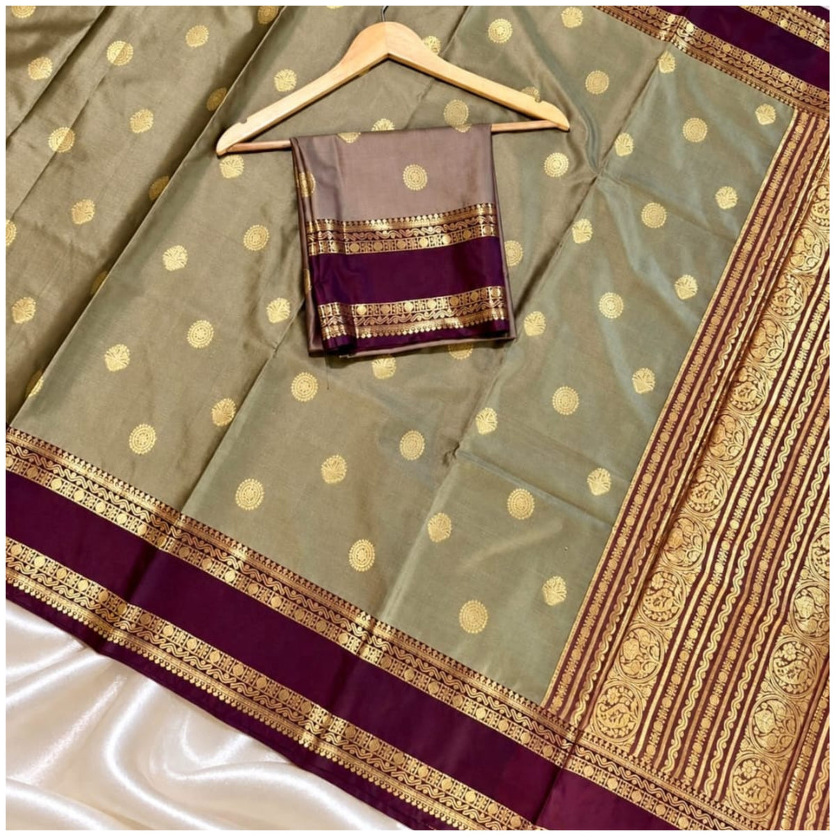 Olive Grey Maroon Banarasi Katan Silk Saree