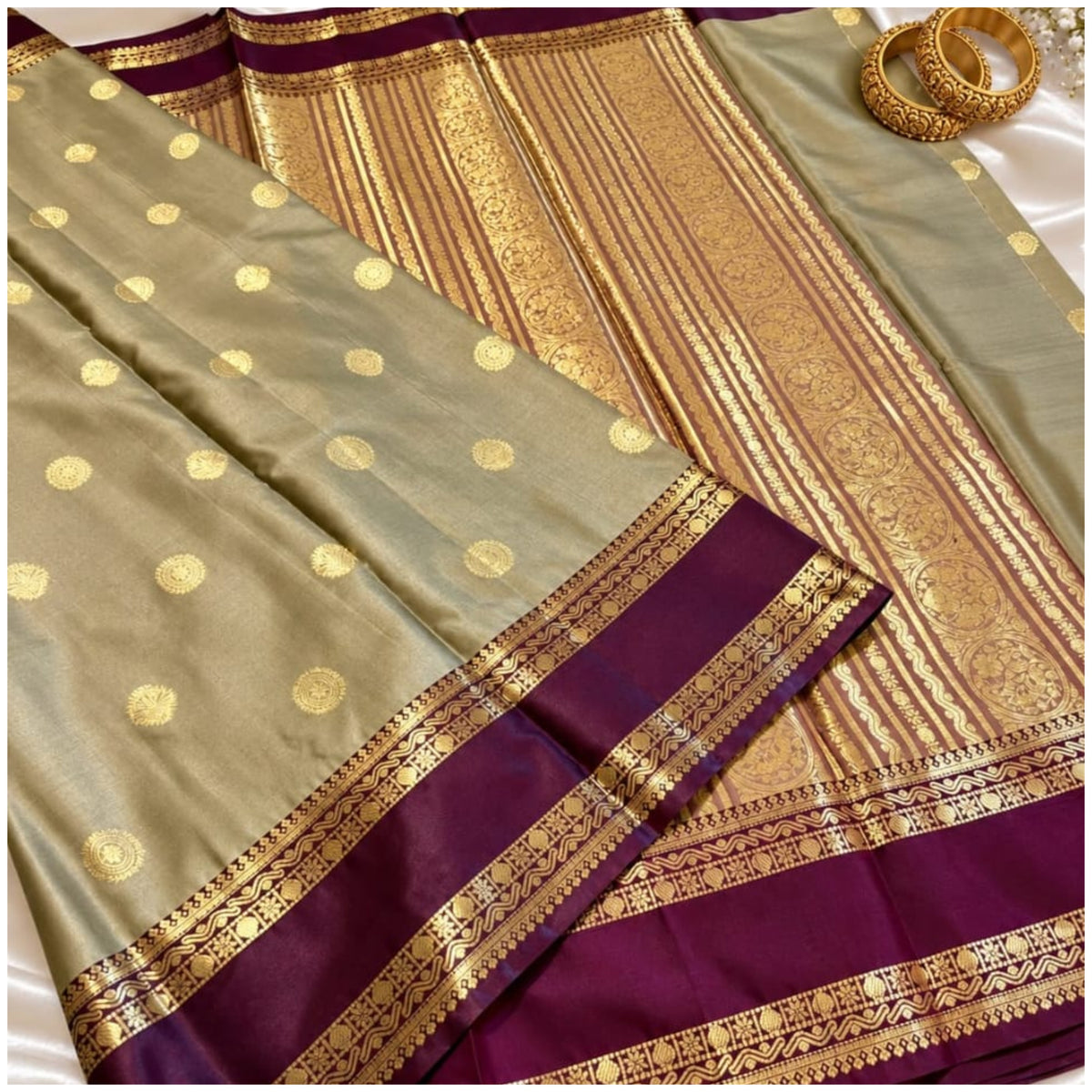Olive Grey Maroon Banarasi Katan Silk Saree