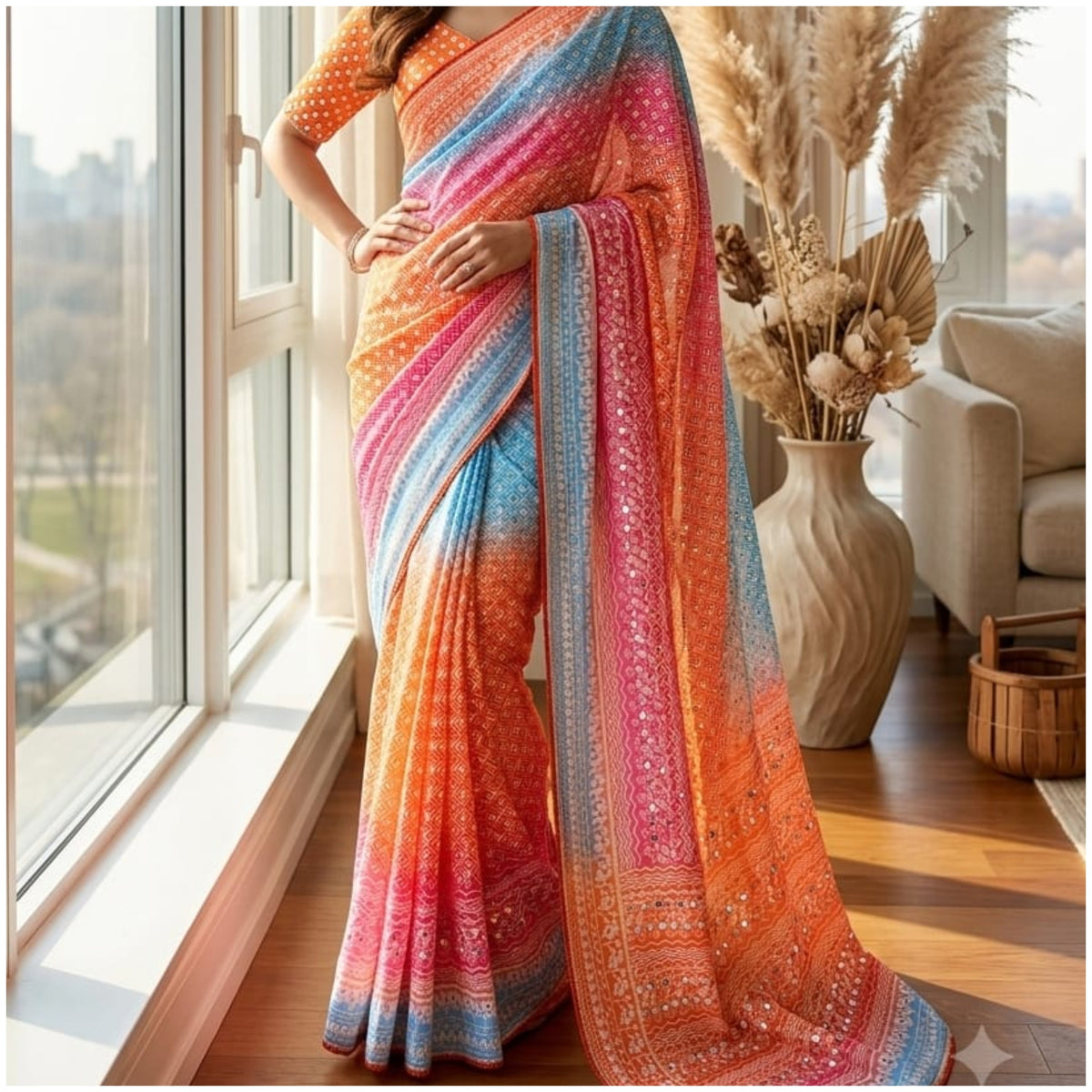 Orange Blue Pink Work Chinon Silk Saree