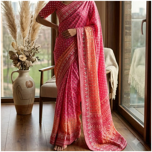 Red Orange Pink Work Chinon Silk Saree