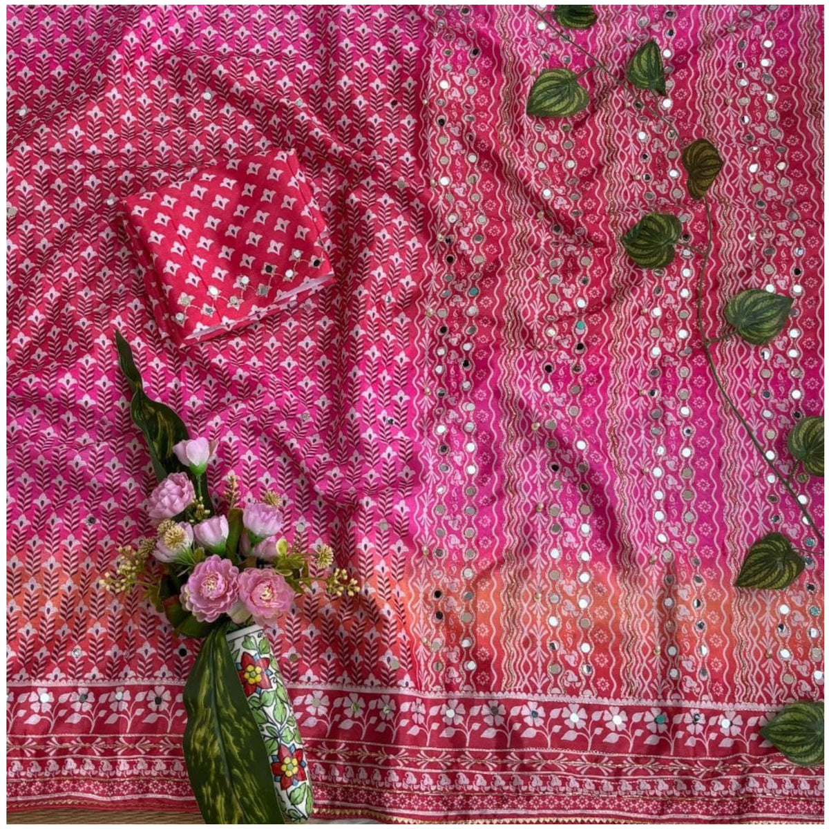 Red Orange Pink Work Chinon Silk Saree