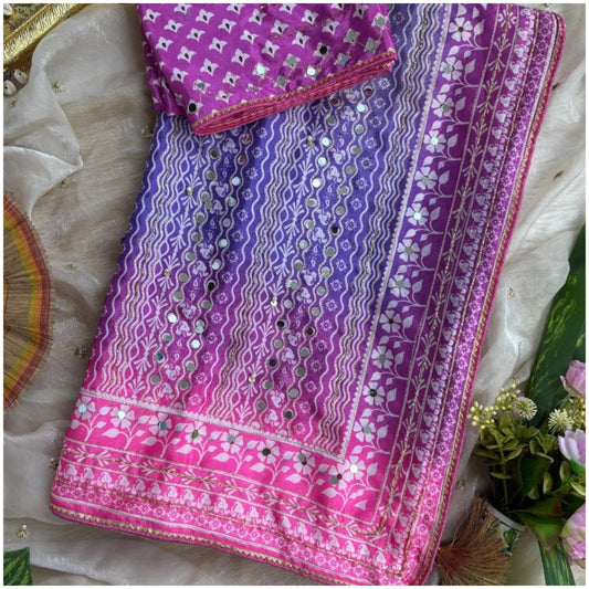 Purple Pink Work Chinon Silk Saree