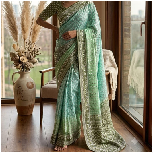 Green Blue Work Chinon Silk Saree