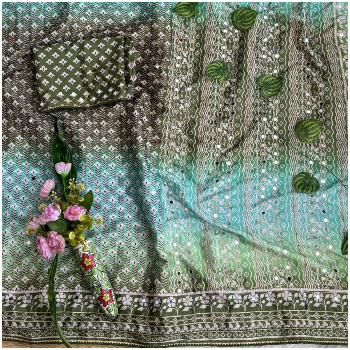 Green Blue Work Chinon Silk Saree