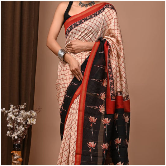White Red Chanderi Silk Saree