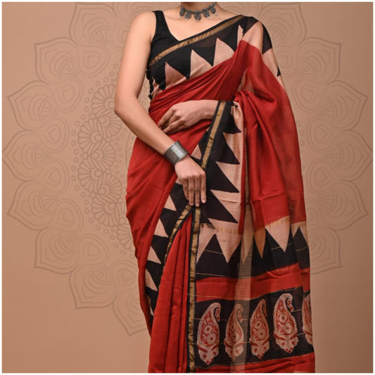 Red Black Chanderi Silk Saree