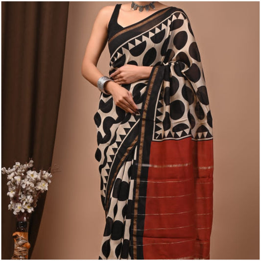 Polka Black Red Chanderi Silk Saree