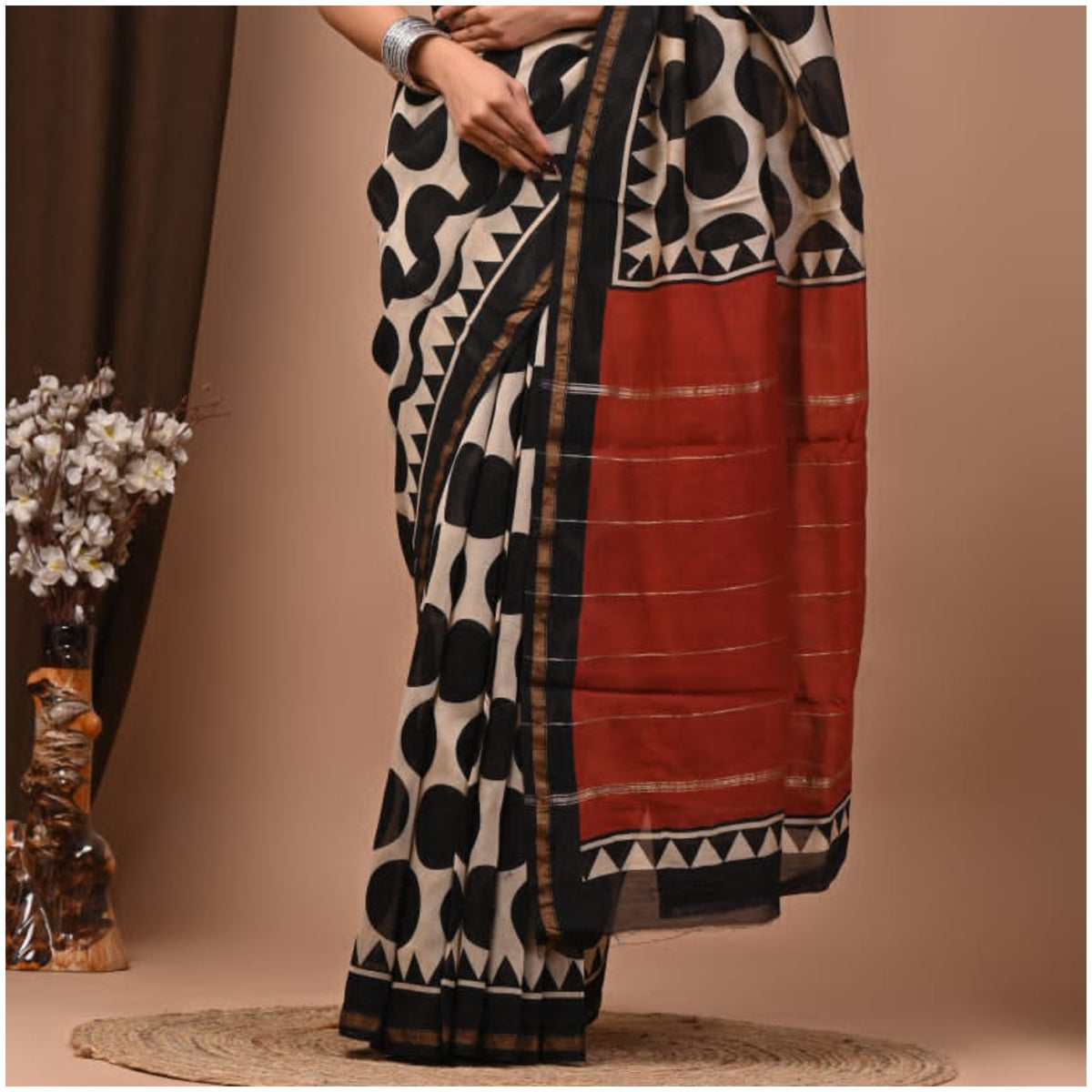 Polka Black Red Chanderi Silk Saree